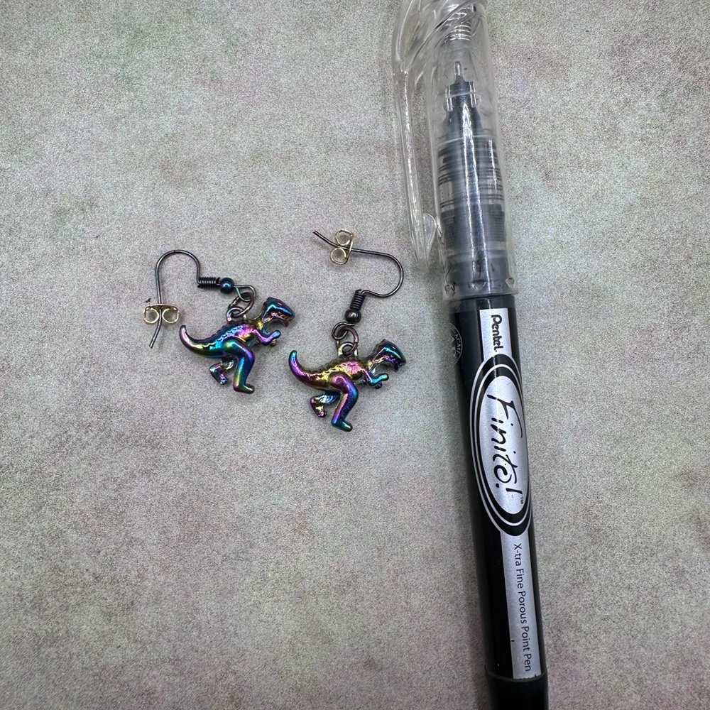 Nickel free Iridescent Rainbow Dinosaur Dangle Earrings - Picture 5 of 5